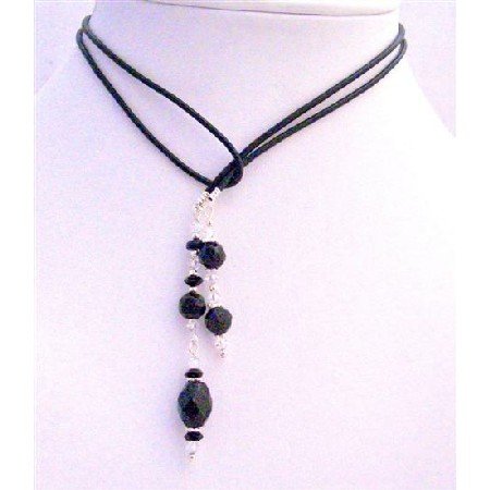 N253 Black Onyx Crystals Beads Lariat Necklace Onyx Round Barrelle Ring Crystals