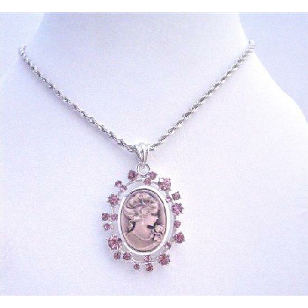 N700 Amethyst Cameo Lady Pendant Necklace Sparkling Amethyst Crystals Necklace