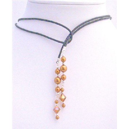 N583 Swarovski Copper Pearls Lariat Necklace & Swarovski Copper Crystals w/ Silver Beads Spacer