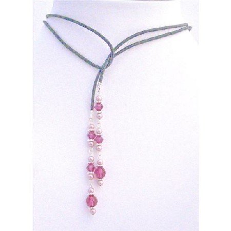 N393 Lariat Necklace w/ Genuine Swarovski Powder Rose Pearls & Swarovski Fuschia Crystals