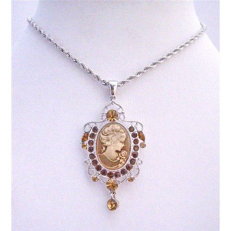 N492 Victorian Lady Cameo Pendant Necklace w/ Austrian Smoked Topaz Crystals Dangling Necklace
