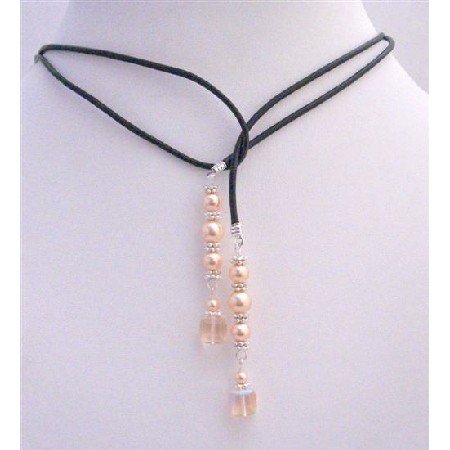 N441 Pearls Lariat Necklace w/ Genuine Swarovski Peach Cube Crystals Bali Silver Spacer Necklace