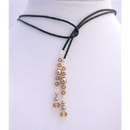 N444 Genuine Swarovski Bronze Pearls & Lite Smoked Topaz Crystals Lariat Necklace