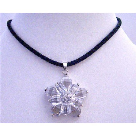 N414 Clear Crystals Sunflower Pendant w/ Velvet Cord Necklace