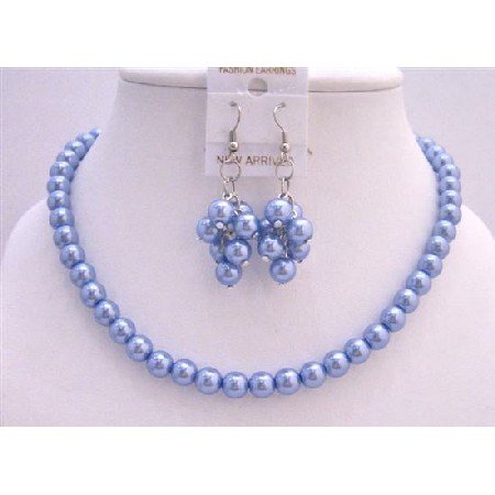 NS185 Gorgeous Delicate Nice Aqua Blue Pearls Necklace Set w/ Bunches of Pearls Earrings