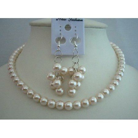 NS225 Cream Pearls Necklace Set Delicate Bridemaides Jewelry Set Simulated Pearls