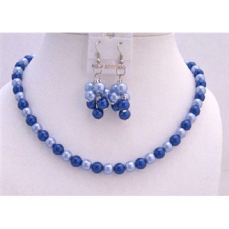 NS495 Sophisticated Necklace Set Adorned w/ Lite & Dark Blue Pearls Gorgeous Jewelry Set