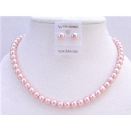 NS291 Wedding Jewelry Pink Pearls Necklace w/ Stud Earrings Affordable Bridemaids Jewelry