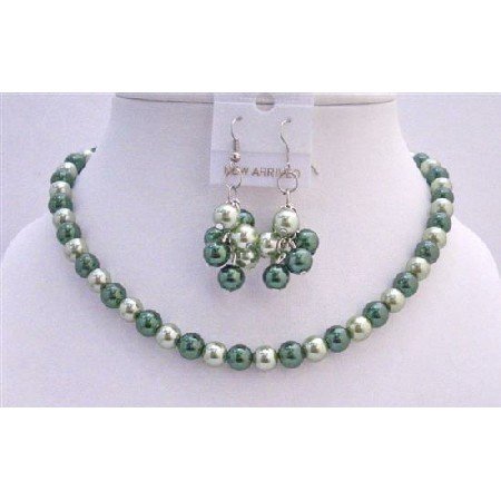 NS473 Bridal Bridemaides Pistachu Green Pearls & Dark Green Pearls Necklace Set