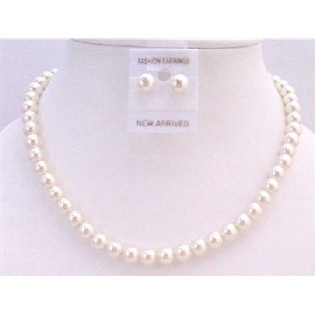 NS446 Cream Pearls Wedding Jewelry Set Cream Pearls Stud Earrings Necklace Set Jewelry