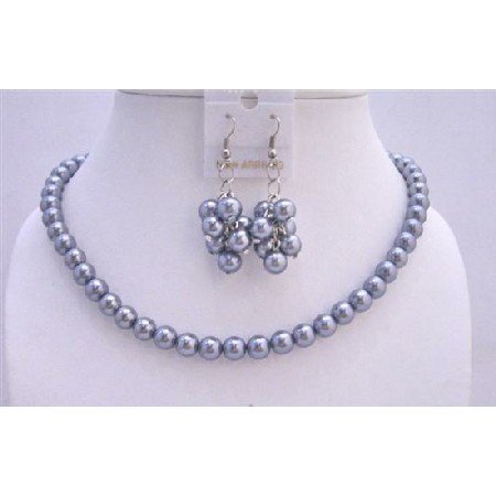 NS540 Affordable Bridal Bridemaides Lite Grey Pearls Necklace Set w/ Bunches Of Pearls Earrings