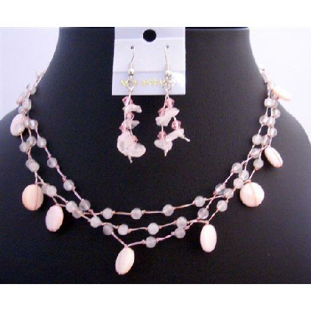 NS339 Pink Shell Neckace Sets Rose Quartz Nuggets Fancy Beads Handmade Jewelry