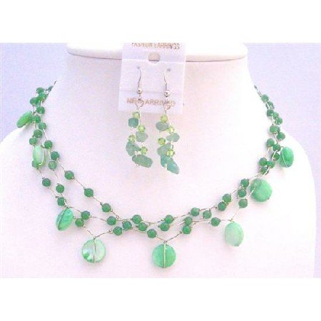 NS315 Beautiful Jade Green Shell Green Nugget & Fancy Beads Necklace Green Jewelry Set