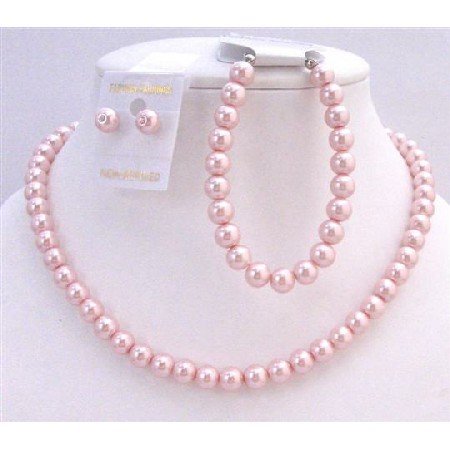 NS312 Necklace Earring Bracelet Pink Pearls Complete Set Bridemaids Wedding Jewelry Set