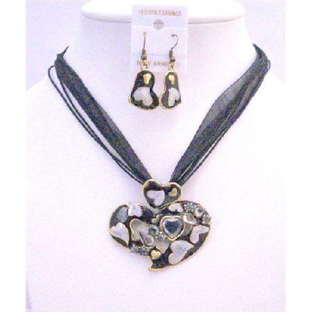 NS352 Beautiful Heart Jewelry Set Black Multi Heart w/ Sparkling Crystals Adorable Affordable
