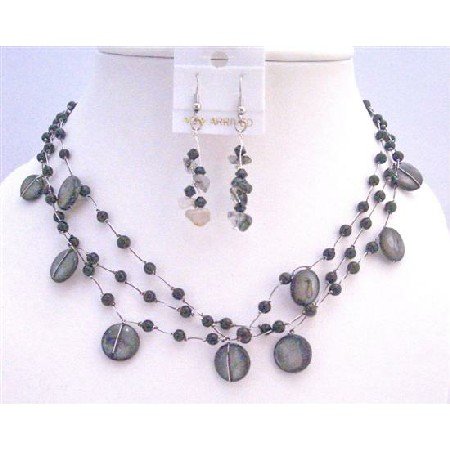 NS381 Three Stranded Necklace Set w/ Black Shell Fancy Onyx Beads Onyx Nuggets Necklace Set