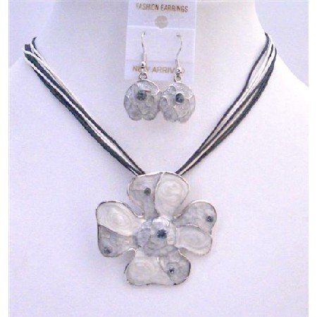 NS251 Grey Pendant Jewelry Set Enamel Grey Multi Stranded Necklace Set Adorable Jewelry