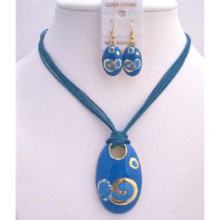 NS298 Gold Enamel Blue Pendant w/ Paint Designed Necklace Set Multistranded Blue Jewelry Set