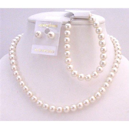 NS550 Complete Set Cream Pearls Necklace Earrings Toggle Clasp Bracelet Exclusive Handmade Jewelry
