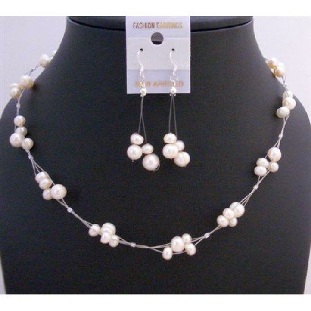 NS547 Ivory Freshwater Pearls Choker Set Interwoven Wire Necklace Set Beautiful Dangling Earrings