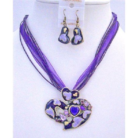 NS342 Purple Multi Heart Pendant Jewelry Set w/ Sparkling Crystals Embedded Enamel Heart