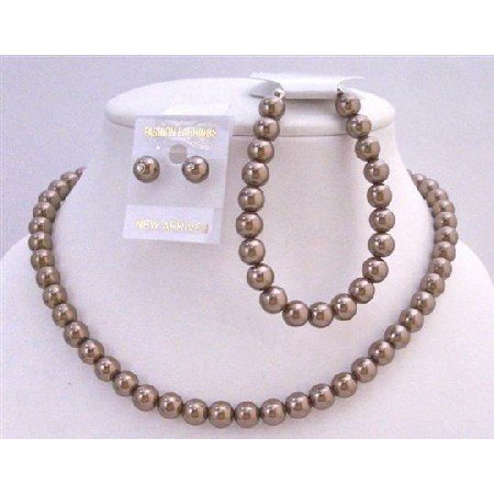 NS427 Wedding Brown Pearls Complete Set Exclusive Hancfrafted Affordable Jewelry