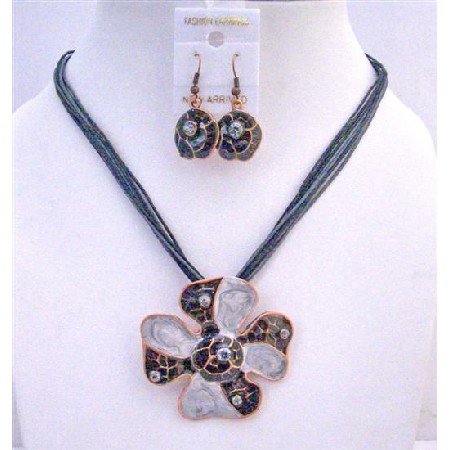 NS246 SunFlower Pendant Necklace Set Black Grey Pearls w/ Self designed Jewelry Set