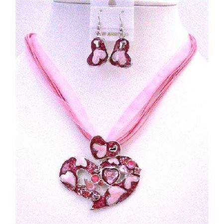 NS322 Pink Flower Pendant Necklace Set Pink Enamel Multi Stranded Necklace