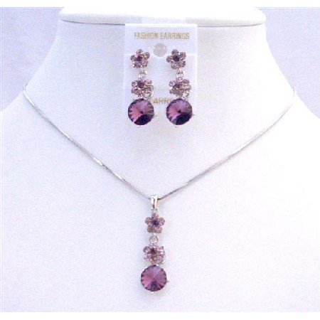 NS202 Purple Amethyst Crystals Flower Necklce Set Amethyst Crystals Stud Dangling Wedding Jewelry
