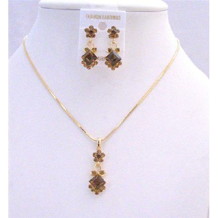 NS204 Gold Chain Necklace Set Light Dark Smoked Topaz Crystals Flower Wedding Jewelry Set