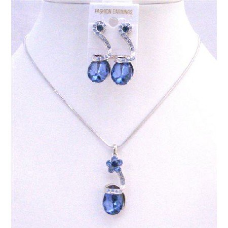 NS160 Sapphire Crystals Teardrop Necklace Sleek Dainty Adorable Jewelry Set