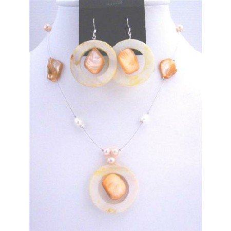 NS399 Round Shell Pendant Jewelry Set Freshwater Pearls Sleek Wire Necklace Set