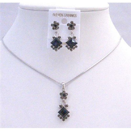 NS203 Black Diamond Jet Crystals Bridal Wedding Jewelry Set Cute Flower Necklce Set