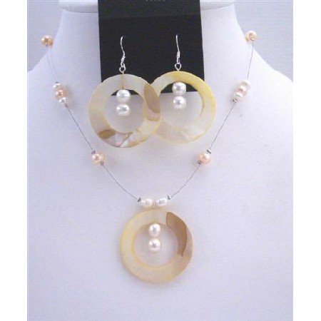 NS398 Shell Freshwater Pearls Necklace Set Round Shell Pendant & Sterling Silver Earrings