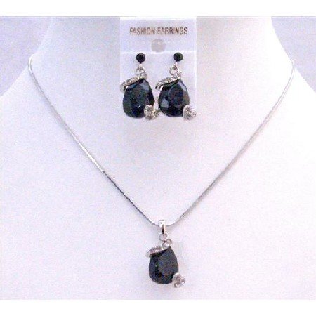 NS190 Jet Crystals Teardrop Necklace Set Very Sleek Danty Inexpensive Jewelry Set