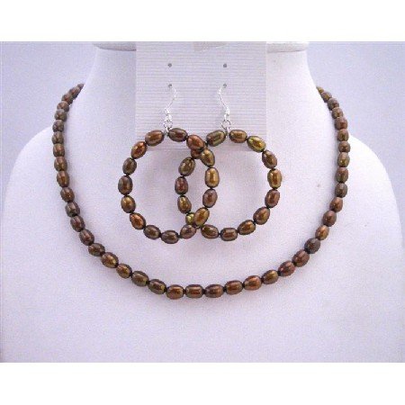 NS316 Metallic Brown Rice Freshwater Pearls w/ Round Hoop Earrings Necklace Sets