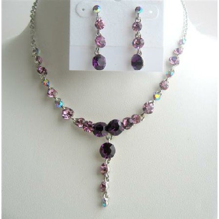 NS275 Dangling Drop Necklace Set Amethyst Crystals Stud Design Jewelry Set