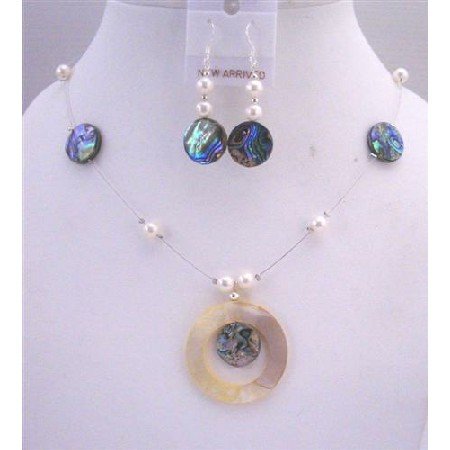 NS238 Abalone Shell Jewelry Set Shell Round Pendant w/ Freshwater Pearls Necklace Set