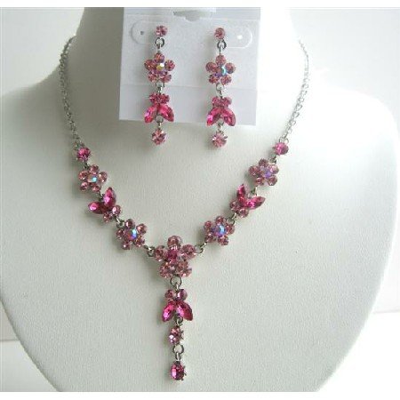 NS286 Rose Pink & Fuschia Crystals Flower Necklace Set w/ Dangling Flower