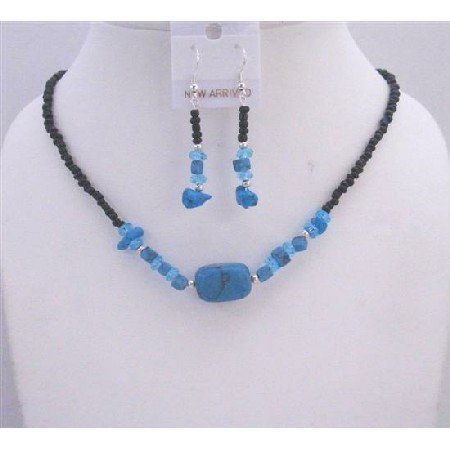 NS200 Turquoise Nugget Jewelry Set Black Beaded Necklace Turquoise Choker Set
