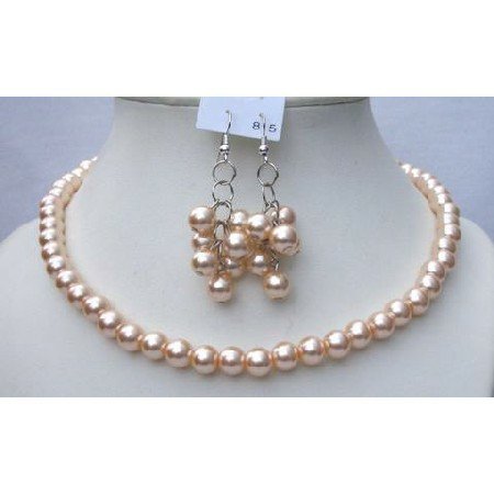 NS379 Very Cute & Elegant Peach Pearls Necklace Earrings Set Bridal Bridemaides Gift Jewelry