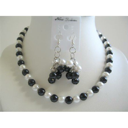 NS477 Simulated Pearls Black & White Jewelry Set w/ Dangling Pearls Earrings Necklace Sets