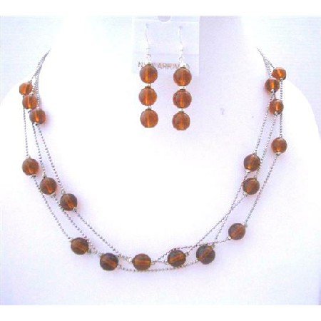 NS551 Brown Faceted 3 Strands Necklace Set w/Sterling Silver Earrings & Beads Jewelry Set