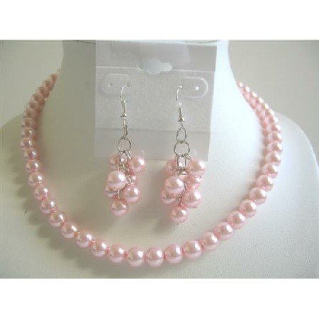 NS277 Pink Pearls Jewelry Set Simulated Pink Pearls w/ Dangling Pearls Earrings Necklace Set