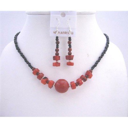 NS241 Coral Nugget Necklace Set Black Beaded Coral Nugget Choker Sets