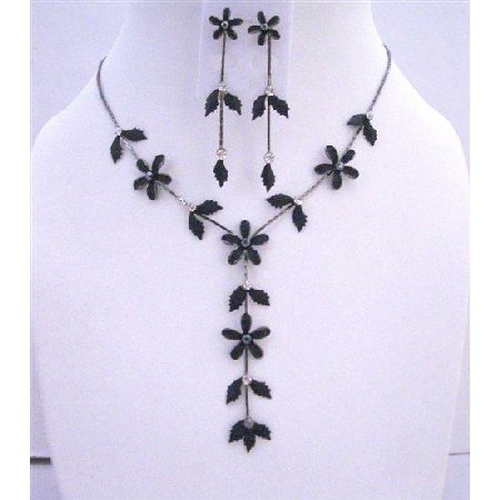NS254 Black Jewelry Set Floral - Leaf Embedded w/ CZ Y Shaped Necklace Set
