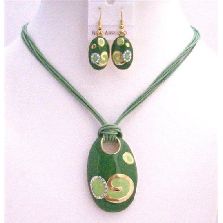 NS492 Enamel Multi Strand Green Pendant w/ Paint Designed Pendant Necklace Set