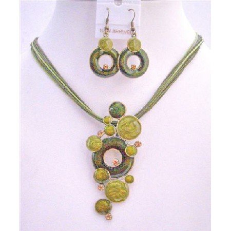 NS209 Green Jewelry Set w/ Olive Rhinestones Multi Strands Olive Green Necklace Set