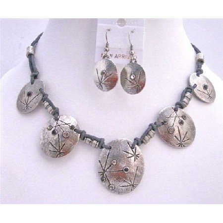 NS210 Victorian Choker Silver Metal Beads Jewelry Set Accented In Polyster Thick Chord