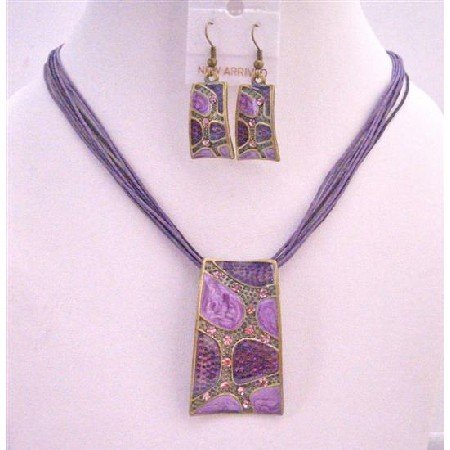 NS425 Beautiful Purple Enameled Self Designed Necklace Set Dainty w/ Rhinestons